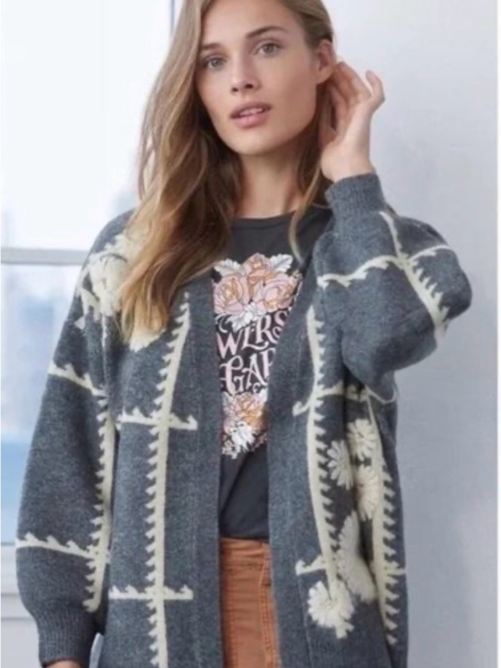 Anthropologie Catherine Floral Shine Cardigan in Gray
